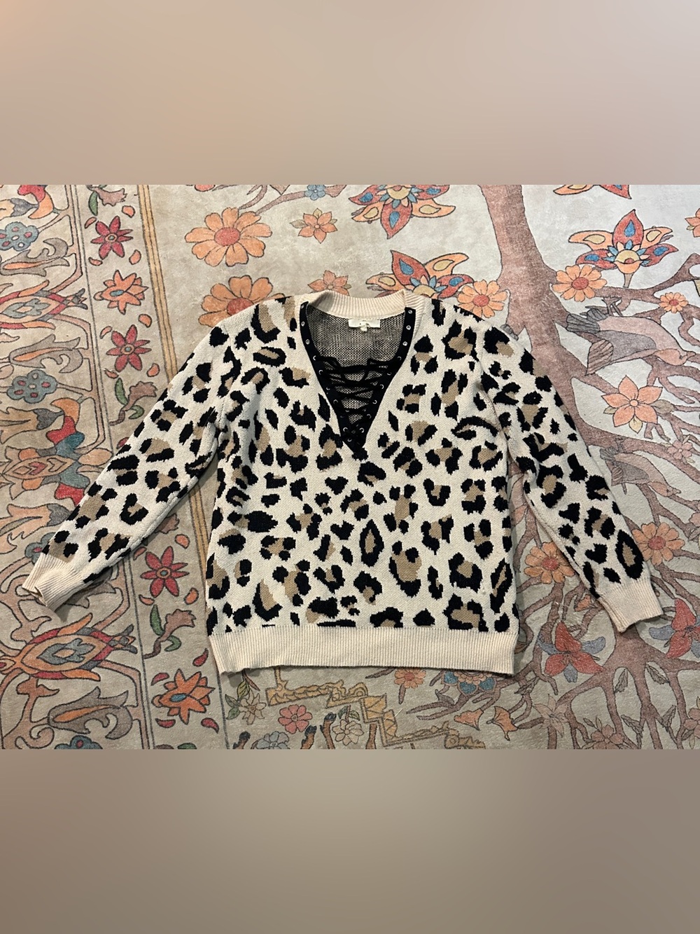 entro Leopard Print Lace-Up V-Neck Sweater - Cream, Black, Brown